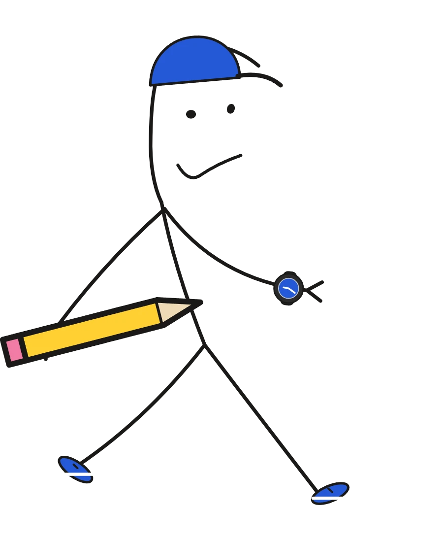 Inky, the PT stickman, walking with a big pencil