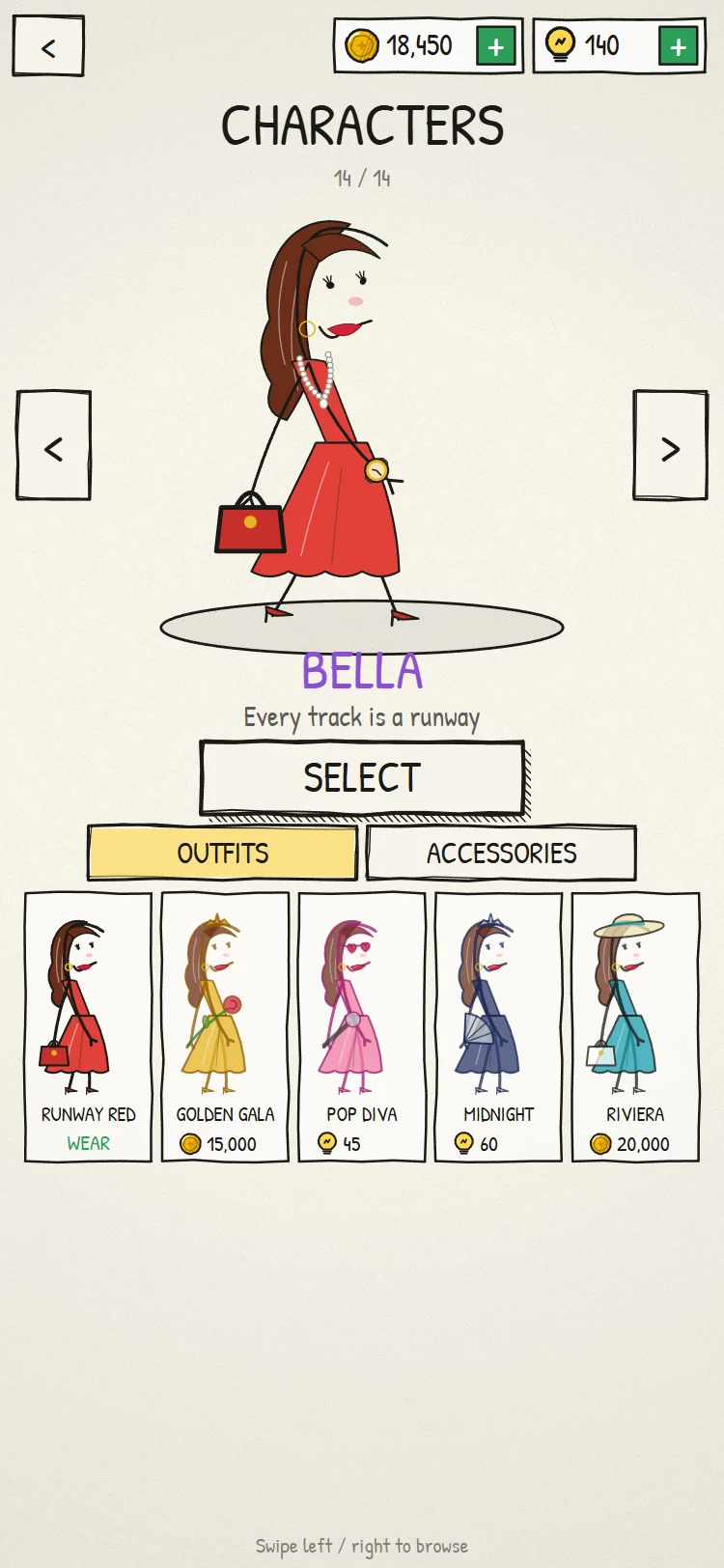 Bella's outfits: Runway Red, Golden Gala, Pop Diva, Midnight and Riviera