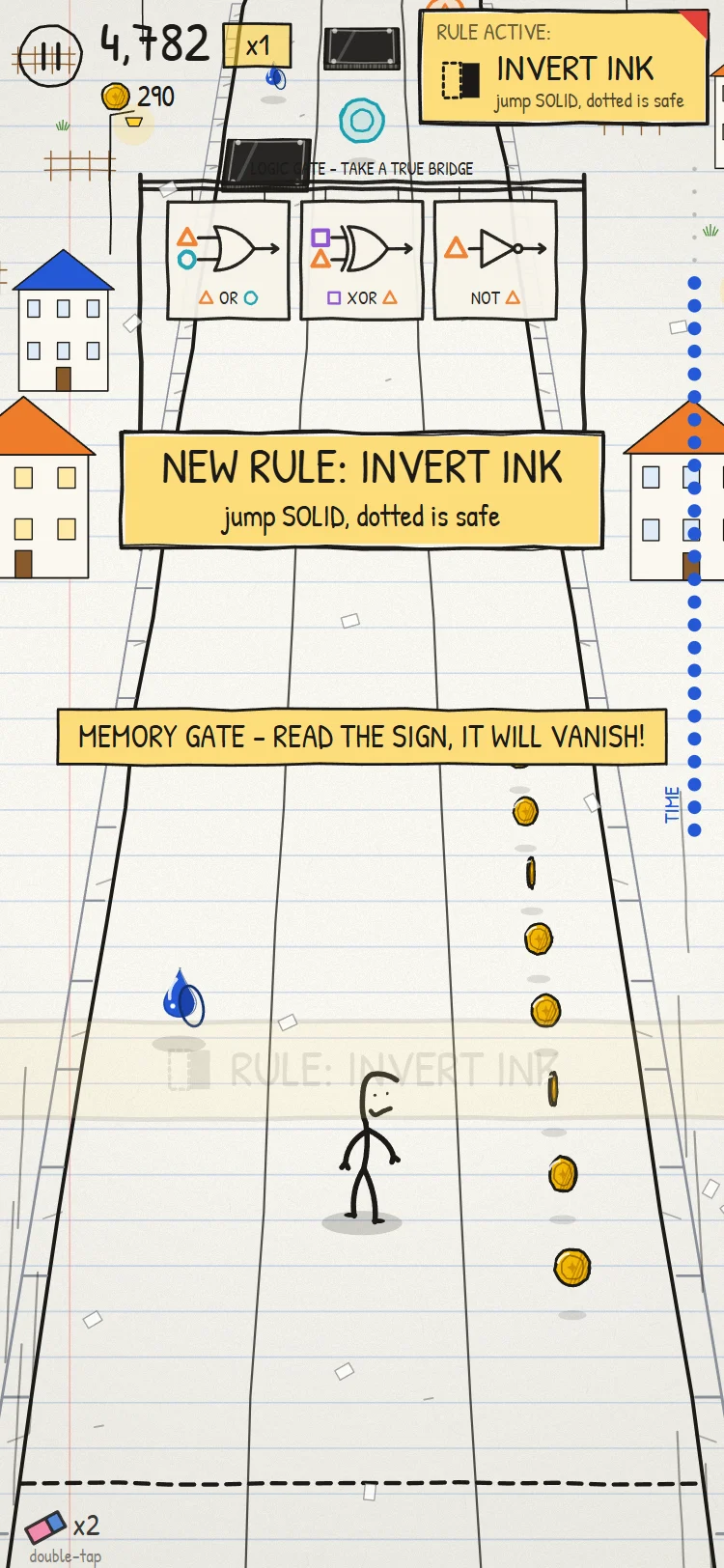 Logic Runner in Notebook City: a sign with OR, XOR and NOT gates over three lanes and the INVERT INK rule