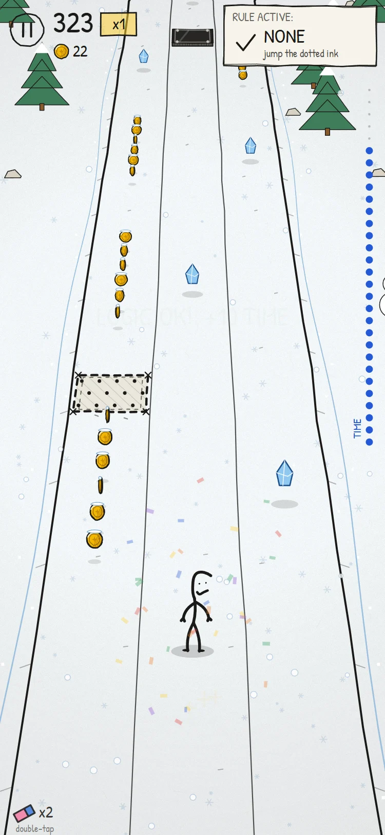 Logic Runner in the snow: a dotted ink gap and ink drops on the track